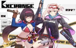 Rule 34 | bikini, black hair, blonde hair, blue eyes, breasts, brown hair, cosplay, costume switch, cropped jacket, csyday, fate/grand order, fate (series), goggles, goggles on head, gradient hair, grey hair, gun, holstered, jacket, leg strap, long hair, miyamoto musashi (fate), miyamoto musashi (fate/grand order), miyamoto musashi (swimsuit berserker) (fate), miyamoto musashi (swimsuit berserker) (second ascension) (fate), multicolored hair, osakabehime (fate), osakabehime (swimsuit archer) (fate), osakabehime (swimsuit archer) (first ascension) (fate), ponytail, sandals, scarf, sideboob, single hair intake, swimsuit, thigh strap, underboob, weapon