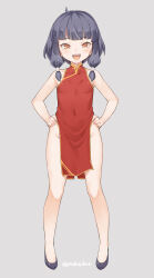 Rule 34 | 1girl, :d, absurdres, bare arms, bare legs, bare shoulders, black footwear, black hair, blunt bangs, breasts, china dress, chinese clothes, copyright request, covered collarbone, covered navel, dress, fangs, grey background, groin, hands on own hips, highres, jingai modoki, light blush, medium hair, no panties, open mouth, pelvic curtain, red dress, shoes, side slit, simple background, small breasts, smile, solo, standing, unmoving pattern, yellow eyes