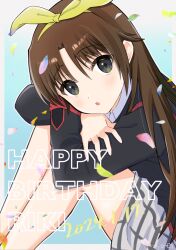 Rule 34 | 1boy, 2024, :o, black eyes, black jacket, blush, border, brown hair, character name, commentary request, confetti, crossed arms, dated, eyes visible through hair, feet out of frame, from side, grey skirt, hair between eyes, hair ribbon, happy birthday, highres, hugging own legs, jacket, knees up, leaning forward, blue background, little busters!, little busters! school uniform, long hair, long sleeves, looking at viewer, miniskirt, naoe riki, open mouth, piyo (kinkooo333), plaid, plaid skirt, ribbon, school uniform, signature, simple background, sitting, skirt, solo, straight hair, trap, very long hair, white border, yellow ribbon