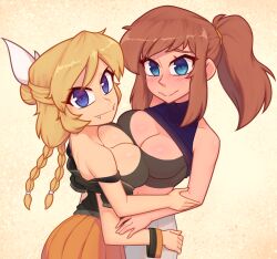 Rule 34 | 2girls, a hat in time, aged up, black bra, blonde hair, blue eyes, blush, bra, breasts, brown hair, fangs, highres, large breasts, multiple girls, nelly (xyronii), original, ponytail, shirt, sidelocks, simple background, smile, underwear, xyronii
