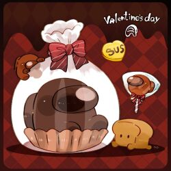 Rule 34 | 1other, among us, bag, bow, bread, brown (among us), brown background, chocolate, commentary, crewmate (among us), food, gift, happy valentine, highres, loaf of bread, no humans, plastic bag, red background, red bow, symbol-only commentary, tenmiyakiyo, valentine