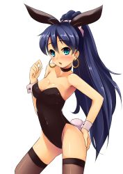 1girl animal_ears black_hair blue_eyes breasts choker cleavage fake_animal_ears fishnet_thighhighs fishnets ganaha_hibiki highres idolmaster idolmaster_(classic) leotard long_hair minase_nagi playboy_bunny ponytail rabbit_ears rabbit_tail tail thighhighs wrist_cuffs