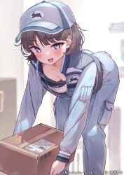Rule 34 | 1girl, :d, ass, bent over, black bra, black hair, blue hat, blue jacket, blue pants, blush, box, bra, breasts, delivery, downblouse, fang, hat, holding, holding box, jacket, leaning forward, melonbooks, namikishiho, naughty face, open mouth, original, package, pants, partially unzipped, purple eyes, skin fang, small breasts, smile, solo, underwear, uniform, zipper