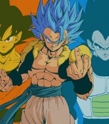 Rule 34 | 3boys, abs, armor, baggy pants, biceps, black hair, black wristband, blue background, blue eyes, blue hair, blue sash, closed mouth, collarbone, commentary request, dragon ball, dragon ball super, fingernails, frown, gogeta, hands up, highres, index finger raised, looking at viewer, male focus, metamoran vest, multiple boys, muscular, muscular male, open clothes, open vest, orange background, pants, pectorals, saiyan armor, sash, serious, seya (asasei 718), simple background, smile, smirk, son goku, spiked hair, super saiyan, super saiyan blue, two-tone background, v-shaped eyebrows, vegeta, vest, white pants, widow&#039;s peak, wristband