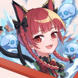 Rule 34 | 1girl, animal ears, braid, cat ears, cat tail, chunjiu, dress, extra ears, fang, green dress, highres, kaenbyou rin, long hair, multiple tails, open mouth, portrait, red eyes, red hair, skin fang, skull, smile, solo, tail, touhou, twin braids, two tails