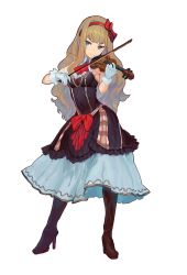 Rule 34 | 1girl, alicia florentina, aqua eyes, boots, brown hair, contrapposto, dress, full body, furrowed brow, gloves, hairband, high heel boots, high heels, highres, instrument, long hair, looking at viewer, music, official art, peroshi (graphic loops), playing instrument, simple background, sleeveless, smile, solo, standing, toys drive, violin, white background, white gloves