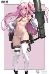 Rule 34 | 1girl, bikini, blush, detached sleeves, gloves, goddess of victory: nikke, holding, holding weapon, pouch, purple eyes, purple hair, ribbon, rocket launcher, swimsuit, thigh pouch, thigh strap, thighhighs, twintails, vodeferr, weapon, white bikini, yuni (nikke)