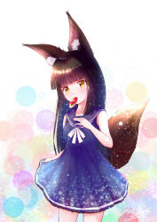 Rule 34 | 1girl, alternate costume, animal ears, apple, apple slice, azur lane, black hair, blue dress, blunt bangs, casual, collarbone, commentary request, contemporary, dress, eating, food, fox ears, fox girl, fox tail, fruit, long hair, looking at viewer, m ko (maxft2), mouth hold, nagato (azur lane), sailor dress, sidelocks, solo, tail, yellow eyes