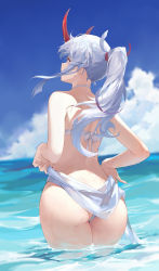 Rule 34 | 1girl, absurdres, ass, bikini, blue sky, butt crack, cloud, commentary request, day, fate/grand order, fate (series), grey hair, hair ribbon, highres, horns, ocean, oni, oni horns, outdoors, partially submerged, ponytail, red eyes, red horns, red ribbon, ribbon, sky, solo, standing, swimsuit, tomoe gozen (fate), white bikini, xing hen, xing hen