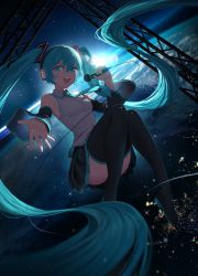 Rule 34 | 1girl, absurdly long hair, absurdres, aqua eyes, aqua hair, bare shoulders, black skirt, black thighhighs, blue eyes, blue hair, detached sleeves, earth (planet), floating, hatsune miku, headphones, headset, highres, holding, holding microphone, long hair, microphone, music, necktie, night, night sky, open mouth, planet, pleated skirt, singing, skirt, sky, sleeveless, smile, solo, space, star (sky), thighhighs, twintails, vertigris, very long hair, vocaloid, zero gravity