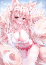 Rule 34 | 1girl, :d, absurdres, animal ear fluff, animal ears, blush, breasts, cleavage, commentary request, crop top, flower, fox ears, fox girl, fox tail, grey eyes, hair between eyes, hair flower, hair ornament, highres, kitsune, large breasts, leaning forward, long hair, looking at viewer, navel, open clothes, open fly, open mouth, open shorts, original, pink hair, pink shorts, short shorts, shorts, smile, solo, tail, tandohark, thighhighs, very long hair, white flower, white thighhighs