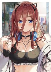 Rule 34 | 1girl, animal ears, bare shoulders, black shirt, blue eyes, blurry, breasts, brown hair, character name, choker, cleavage, closed mouth, clothes writing, collarbone, crop top, depth of field, ear piercing, earrings, expressionless, fake animal ears, fur collar, go-toubun no hanayome, hair between eyes, hairband, headphones, headphones around neck, highres, jacket, jewelry, large breasts, long hair, long sleeves, looking at viewer, midriff, nail polish, nakano miku, necklace, off shoulder, open clothes, open jacket, piercing, ring, saya (mychristian2), shirt, sleeveless, sleeveless shirt, solo, upper body, white jacket