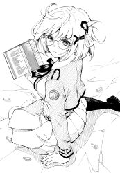 Rule 34 | 1girl, absurdres, arm support, belt, bespectacled, book, closed mouth, collared shirt, commentary, dress, fqnrxj, glasses, greyscale, hair ribbon, highres, holding, holding book, long sleeves, looking at viewer, lycoris recoil, lycoris uniform, monochrome, nishikigi chisato, open book, pleated dress, ribbon, round eyewear, serious, shell casing, shirt, short hair, simple background, sitting, socks, solo, two-tone dress