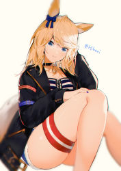 Rule 34 | 1girl, animal ears, bandeau, blonde hair, blue eyes, blue nails, blurry, blurry background, bow, denim shirt, ear bow, feet out of frame, gold city (umamusume), hand on own head, hand on own leg, hibari hina, highres, horse ears, horse girl, horse tail, jacket, long hair, long sleeves, multicolored nails, nail polish, namek, open clothes, open jacket, red nails, short shorts, shorts, skindentation, smile, solo, striped bandeau, tail, thigh strap, twitter username, umamusume