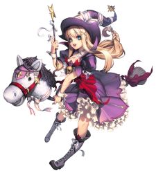 Rule 34 | 1girl, alternate costume, aqua eyes, blonde hair, boots, broken (chaos online), broom, broom riding, chaos online, full body, hat, hobby horse, long hair, love cacao, official art, pinky out, skull, smile, solo, transparent background, wand, witch, witch hat