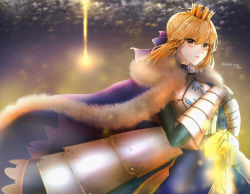 Rule 34 | 1girl, ahoge, armor, armored dress, artist name, artoria pendragon (all), artoria pendragon (fate), blonde hair, cloak, commentary request, crown, dress, excalibur (fate/stay night), fate/grand order, fate/stay night, fate (series), fur trim, gauntlets, green eyes, hair ribbon, highres, long sleeves, looking at viewer, nepodayo, ribbon, saber (fate), short hair, skirt, solo, sword, weapon