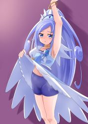 Rule 34 | 1girl, absurdres, armpits, bike shorts, blue eyes, blue hair, blush, bracelet, breasts, brooch, choker, clothes lift, collarbone, cowboy shot, crystal earrings, cure diamond, dokidoki! precure, dress, dress lift, earrings, eyebrows, forehead, gradient background, heart, heart brooch, highres, hishikawa rikka, jewelry, lifting own clothes, long hair, open mouth, pink background, ponytail, precure, puffy sleeves, small breasts, solo, steaming body, tiara, tirofinire, very long hair, yellow choker