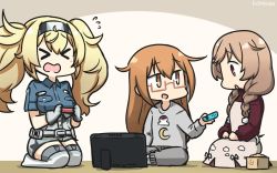 Rule 34 | &gt; &lt;, 3girls, alternate costume, anchor symbol, beige dress, blonde hair, blue shirt, box, braid, breast pocket, breasts, brown hair, brown sweater, clothes writing, cloud hair ornament, cloud print, collared shirt, commentary request, crescent, dated, gambier bay (kancolle), glasses, gloves, gradient hair, hairband, hamu koutarou, highres, kantai collection, kneeling, large breasts, light brown hair, long hair, masu, minegumo (kancolle), mochizuki (kancolle), multicolored clothes, multicolored gloves, multicolored hair, multiple girls, nintendo switch, one-hour drawing challenge, pocket, red-framed eyewear, red eyes, shirt, short sleeves, shorts, sleepwear, sweater, thighhighs, twin braids, twintails, white legwear