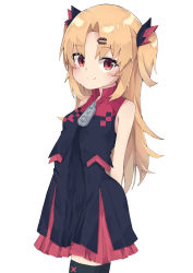 Rule 34 | 1girl, absurdres, akatsuki uni, arms behind back, bare shoulders, black dress, black thighhighs, blonde hair, blush, closed mouth, dress, fang, fang out, hair ornament, hairclip, highres, long hair, looking at viewer, red eyes, sasakungoodsize, simple background, sleeveless, smile, solo, standing, thighhighs, two side up, uni create, virtual youtuber, white background