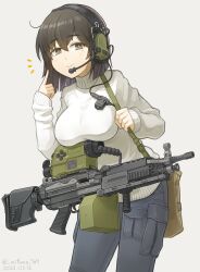 Rule 34 | 1girl, ammunition box, breasts, brown eyes, brown hair, dated, fn minimi, grey pants, gun, gun sling, headset, highres, light machine gun, long sleeves, machine gun, medium breasts, mifune ( mifune 707), night vision device, optical sight, original, pants, pointing, pointing at self, smile, solo, squad automatic weapon, sweater, twitter username, weapon, white background, white sweater