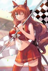 Rule 34 | 1girl, adapted costume, akitsuki (oenothera), alternate costume, animal ears, aqua eyes, black bow, blue sky, blush, bow, breasts, brown hair, checkered flag, cloud, day, ear bow, flag, hair bow, highres, holding, holding flag, horse ears, horse girl, horse tail, large breasts, long hair, looking at viewer, maruzensky (umamusume), midriff, navel, one eye closed, outdoors, race queen, red shirt, red skirt, red thighhighs, red vest, shirt, skirt, sky, sleeveless, sleeveless shirt, smile, solo, stadium, tail, thighhighs, umamusume, very long hair, vest, wavy hair, white bow