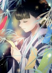 Rule 34 | 1girl, absurdres, black hair, closed mouth, commentary request, closed eyes, from side, highres, holding, japanese clothes, kimono, long sleeves, original, romiy, smile, solo, upper body, wide sleeves