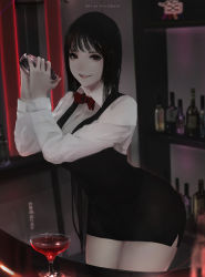 Rule 34 | 1girl, alcohol, aoi ogata, bartender, black eyes, black hair, bottle, breasts, cocktail glass, cup, drinking glass, highres, long hair, looking at viewer, original, shaker, smile, very long hair