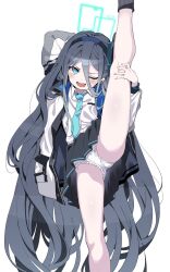 Rule 34 | 1girl, aqua halo, aris (blue archive), arm behind head, arm up, black hair, black skirt, blue archive, blue eyes, blue necktie, blush, collared shirt, green halo, hair between eyes, halo, hand on own leg, highres, jacket, long bangs, long hair, manarou, necktie, one eye closed, open clothes, open jacket, open mouth, panties, pleated skirt, rectangular halo, shirt, simple background, skirt, smile, solo, split, standing, standing on one leg, standing split, underwear, v-shaped eyebrows, very long hair, white background, white jacket, white panties, white shirt