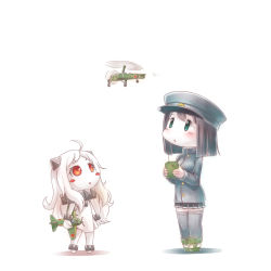 Rule 34 | 10s, 2girls, abyssal ship, ahoge, aircraft, airplane, akitsu maru (kancolle), anklet, autogyro, barefoot, black hair, blush stickers, controller, green eyes, hat, horns, jewelry, kantai collection, kayaba ka-1, mittens, multiple girls, northern ocean princess, pale skin, red eyes, remote control, thighhighs, triangle mouth, white hair, yaosera, zettai ryouiki