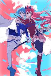 Rule 34 | 2girls, black thighhighs, blue eyes, blue footwear, blue hair, blue skirt, bodice, boots, bow, cape, chinese commentary, collared dress, commentary request, detached sleeves, dissolving, dress, floating hair, foot out of frame, frills, gloves, hair bow, heads together, highres, holding, holding polearm, holding sword, holding weapon, knee boots, leg up, long hair, looking at viewer, magical girl, mahou shoujo madoka magica, mahou shoujo madoka magica (anime), miki sayaka, multicolored background, multiple girls, parted lips, pink skirt, polearm, ponytail, red dress, red eyes, red footwear, red hair, riyu qvq, sakura kyoko, shoes, short hair, side-by-side, skirt, sleeveless, sleeveless dress, standing, standing on one leg, sword, thighhighs, weapon, white cape, white gloves, white thighhighs