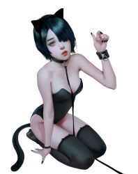 Rule 34 | 1girl, absurdres, animal ears, bare shoulders, black hair, black leotard, black nails, black thighhighs, bracelet, breasts, cat ears, cat tail, cleavage, collar, fake animal ears, full body, grey eyes, hair over one eye, hand up, highres, j. won han, jewelry, kittysuit, leash, leotard, looking at viewer, medium breasts, mole, mole on cheek, nontraditional playboy bunny, original, parted bangs, parted lips, petite, red lips, short hair, solo, strapless, strapless leotard, tail, thighhighs, white background