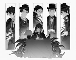 Rule 34 | 6+boys, black hair, black jacket, black pants, bow, bowtie, cane, closed mouth, closed eyes, gaural, glasses, gun, handgun, hat, highres, holding, holding gun, holding weapon, ink, jacket, klein moretti, lamp, lord of the mysteries, monochrome, multiple boys, necktie, pants, paper, quill, revolver, robe, shirt, smile, table, tentacles, weapon, white shirt, writing