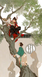 Rule 34 | 2girls, aoqun, architecture, bamboo, black hair, chinese clothes, climbing tree, east asian architecture, full body, hair bun, hanfu, highres, ibuki satsuki, in tree, indian style, kite, long hair, looking at another, makeup, multiple girls, on wall, original, outdoors, pleated pants, pleated skirt, ponytail, red lips, sitting, sitting in tree, skirt, sky, stone wall, sword, tree, weapon, window, yaopei