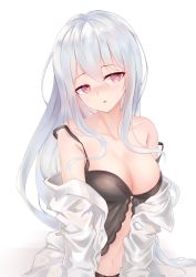 Rule 34 | 1girl, arknights, babydoll, bare shoulders, blush, breasts, chinese commentary, cleavage, collarbone, commentary request, hair between eyes, head tilt, highres, large breasts, long hair, long sleeves, looking at viewer, navel, no headwear, nose blush, off shoulder, open clothes, open shirt, parted lips, pink eyes, silver hair, simple background, sing shuixing, skadi (arknights), solo, spaghetti strap, strap slip, upper body, white background