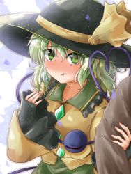 Rule 34 | 1girl, :t, blush, collared shirt, commentary request, floral background, floral print, frilled shirt collar, frills, green eyes, green hair, hat, hat ribbon, heart, heart of string, highres, holding another&#039;s arm, komeiji koishi, oshiaki, ribbon, shirt, third eye, touhou, wide sleeves, yellow ribbon, yellow shirt