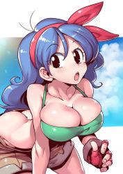 Rule 34 | 1girl, :o, ass, bent over, black eyes, blue hair, blue sky, breasts, bursting breasts, butt crack, cleavage, cloud, collarbone, commentary request, crop top, day, dragon ball, fingerless gloves, gloves, hairband, large breasts, looking at viewer, lunch (dragon ball), lunch (good) (dragon ball), open mouth, short shorts, shorts, simple background, sky, tank top, tukiwani, white background