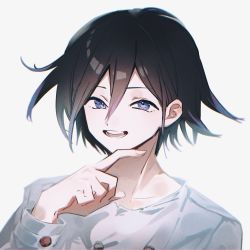 Rule 34 | 1boy, black hair, buttons, collarbone, danganronpa (series), danganronpa v3: killing harmony, finger to own chin, gradient background, grey jacket, hair between eyes, highres, jacket, looking at viewer, male focus, multicolored hair, open mouth, oma kokichi, portrait, purple eyes, purple hair, shiny skin, simple background, smile, solo, teeth, tongue, two-tone hair, ze ro saiji