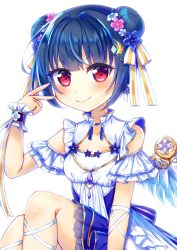 Rule 34 | 1girl, absurdres, alternate hairstyle, angel of eden (love live!), angel wings, artist name, artist request, back bow, bare legs, bare shoulders, blue bow, blue flower, blue hair, blue skirt, blue wrist cuffs, blush, bow, braid, breasts, cleavage, collarbone, crown braid, crystal hair ornament, double bun, dress, female focus, flower, frilled dress, frills, hair bun, hair flower, hair ornament, hair ribbon, highres, looking at viewer, love live!, love live! school idol festival, love live! school idol festival all stars, love live! sunshine!!, miniskirt, parted lips, pink eyes, pink flower, plaid, plaid dress, plaid skirt, pleated, pleated dress, pleated skirt, purple eyes, red eyes, ribbon, ribbon-trimmed legwear, ribbon trim, short hair, short sleeves, skirt, sleeveless, sleeveless dress, small breasts, smile, solo, strapless, strapless dress, striped, striped bow, tsushima yoshiko, v, v-shaped eyebrows, white background, white detached collar, white dress, white flower, white ribbon, white skirt, white wings, white wrist cuffs, wings, wrist cuffs