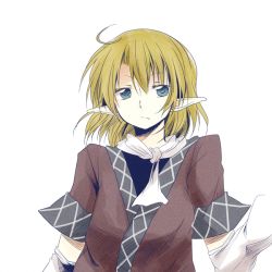 Rule 34 | 1girl, ahoge, arm warmers, bad id, bad pixiv id, blonde hair, blue eyes, female focus, mizuhashi parsee, pointy ears, safai, scarf, short hair, simple background, solo, touhou, white background