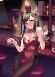Rule 34 | 1girl, alcohol, animal ears, bar (place), black bow, black hair, black pantyhose, bottle, bow, bowtie, breasts, cleavage, commentary request, counter, detached collar, drunk, glass, gorota, leotard, long hair, medium breasts, original, pantyhose, playboy bunny, purple eyes, rabbit ears, rabbit tail, red bow, red bowtie, red leotard, side-tie leotard, solo, stool, strapless, strapless leotard, tail, whiskey, wrist cuffs