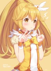 Rule 34 | 1girl, blonde hair, blush, bow, bowtie, choker, closed mouth, commentary, copyright name, crying, cure peace, double v, highres, jimmy madomagi, kise yayoi, magical girl, ponytail, precure, puffy short sleeves, puffy sleeves, short sleeves, signature, simple background, smile precure!, solo, upper body, v, wrist cuffs, yellow background, yellow bow, yellow choker, yellow eyes, yellow theme