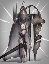 Rule 34 | 1girl, android, armor, artist name, barefoot, black dress, black gloves, black ribbon, body markings, breasts, bridal gauntlets, claymore (sword), dress, gloves, hair ornament, hair ribbon, halter dress, halterneck, hand up, highres, holding, holding weapon, long hair, looking at viewer, marumoru, medium breasts, original, pelvic curtain, red eyes, ribbon, sidelocks, solo, standing, tress ribbon, weapon, white hair
