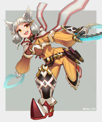 Rule 34 | 1girl, :d, animal ears, bodysuit, boots, cat ears, chakram, dual wielding, facial mark, fang, flat chest, full body, gloves, grey background, hey cre, highres, holding, nia (xenoblade), nintendo, open mouth, scarf, short hair, silver hair, smile, solo, weapon, white gloves, xenoblade chronicles (series), xenoblade chronicles 2, xenoblade chronicles (series), xenoblade chronicles 2, yellow bodysuit, yellow eyes