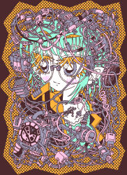 Rule 34 | 1girl, absurdres, aqua hair, aqua shirt, averting eyes, blush, border, brown border, cable, closed mouth, colored eyelashes, commentary request, electric plug, frilled shirt, frills, glasses, grey eyes, highres, jacket, kani tenshinhan, light smile, looking to the side, open clothes, open jacket, original, polka dot, polka dot background, portrait, round eyewear, shirt, solo, split mouth, thick eyebrows, yellow background