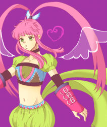 Rule 34 | 1girl, breasts, chelsea torn, choker, elbow gloves, gloves, green eyes, hair ornament, heart, long hair, looking at viewer, midriff, navel, open mouth, pink hair, puffy shorts, purple background, simple background, skirt, solo, tales of (series), tales of destiny, twintails