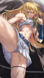 Rule 34 | 1girl, absurdres, blonde hair, blue eyes, breasts, clenched hands, commission, fighting stance, highres, long hair, looking at viewer, mole, mole under eye, motion blur, muscular, original, panties, sakazuki sudama, skeb commission, skirt, solo, sweat, thigh strap, underboob, underwear, wet, wet clothes, wet panties