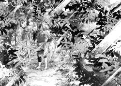 Rule 34 | 1boy, absurdres, animal, barefoot, blanket, border, branch, closed eyes, constantine xi (fate), fate/grand order, fate (series), flower, greyscale, happy, harvesting, hibiscus, highres, horse, male focus, monochrome, open mouth, outdoors, pants, saddle, shooou 0104, short hair, sleeves rolled up, solo, standing, sunlight, tree, vest, water drop, white border