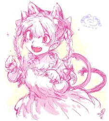 Rule 34 | 1girl, animal ears, braid, cat ears, cat girl, cat tail, dress, extra ears, fangs, female focus, gradient background, hair ribbon, kaenbyou rin, limited palette, minato hitori, monochrome, multiple tails, open mouth, paw pose, pink theme, red eyes, ribbon, sketch, smile, solo, sparkle, tail, touhou, twin braids, white background