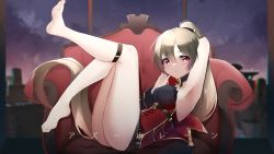 Rule 34 | 1girl, absurdres, arm behind head, armchair, armpits, azur lane, bare legs, barefoot, blonde hair, blush, breasts, chair, city lights, closed mouth, dress, feet, full body, highres, jean bart (azur lane), legs, legs up, long hair, looking at viewer, lying, medium breasts, on back, ponytail, purple eyes, sideboob, soles, solo, thighs, toes, very long hair, window, yanwulazy