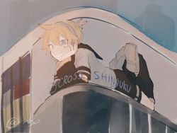 Rule 34 | 1boy, black sleeves, blonde hair, blue eyes, commentary, detached sleeves, english text, giant, giant male, hand on own cheek, hand on own face, head rest, headset, highres, kagamine len, leg warmers, looking at viewer, microphone, nail polish, noctal, parody, sailor collar, sailor shirt, shinjuku (tokyo), shinjuku cat, shirt, short ponytail, short sleeves, smile, spiked hair, tokyo (city), vocaloid, white footwear, white shirt, yellow nails